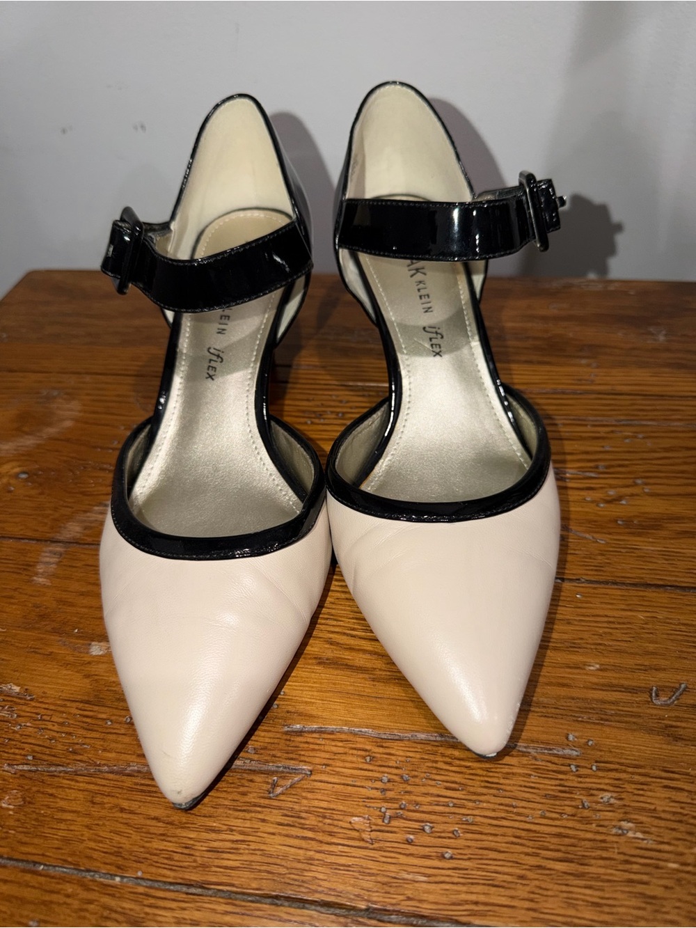 Anne Klein Two-Tone Pointed Toe Ankle Strap Heels - Cream and Black